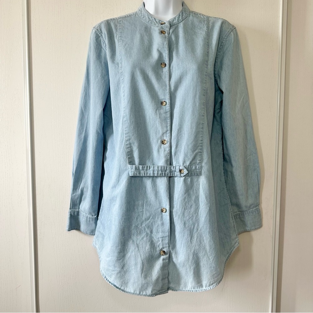 Equipment Women’s Sky Blue Mandel Cotton Chambray Long Sleeve Shirt- Size Small - Picture 9 of 10